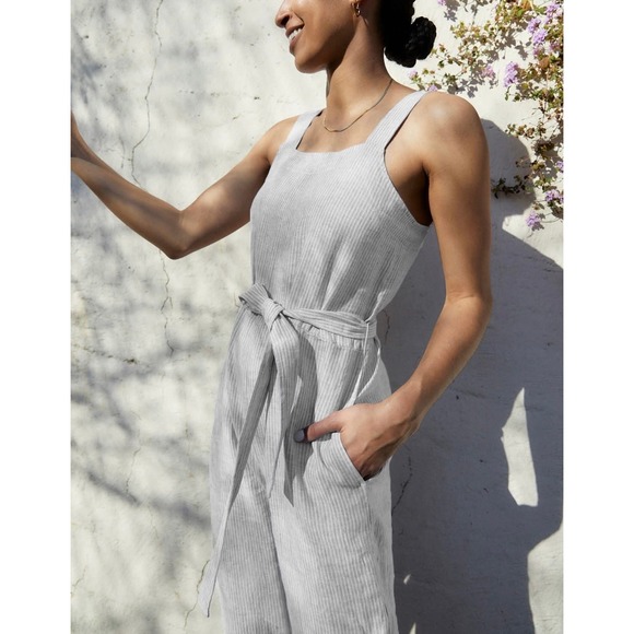 Everlane Pants - Everlane Jumpsuit Women 2 Gray Striped Linen Sleeveless Belted Wide Leg